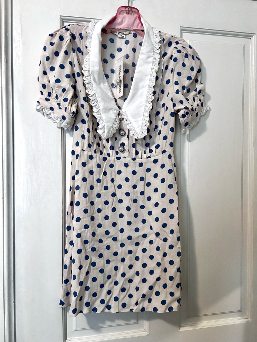 Kimchi Blue dress in Cream and Navy Polka Dots With Lace Collar Urban Outfitters
